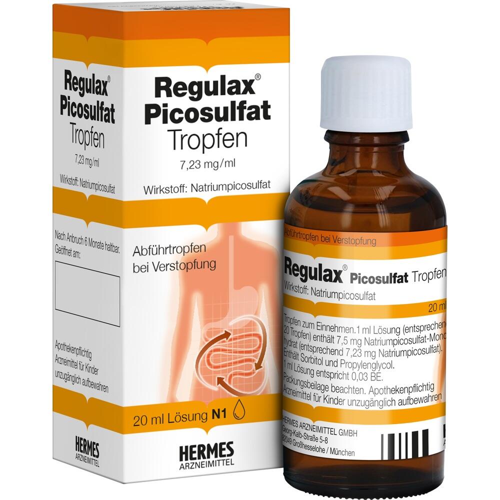 Eine Flasche und Packung mit Abf&uuml;hrmittel "Regulax Picosulfat" gegen Verstopfung.