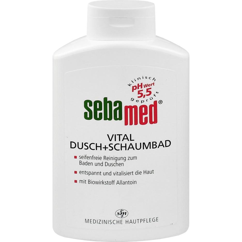 Wei&szlig;e Flasche mit Duschgel von sebamed und rotem, gr&uuml;nem Text.