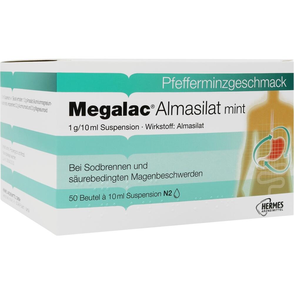 Packung Megalac Almasilat mint gegen Sodbrennen und Magenbeschwerden.