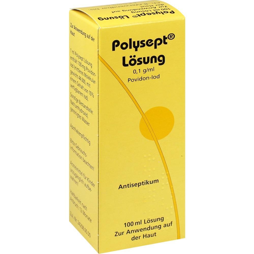 Gelbe Verpackung von Polysept L&ouml;sung, einem Antiseptikum zur Anwendung auf der Haut.