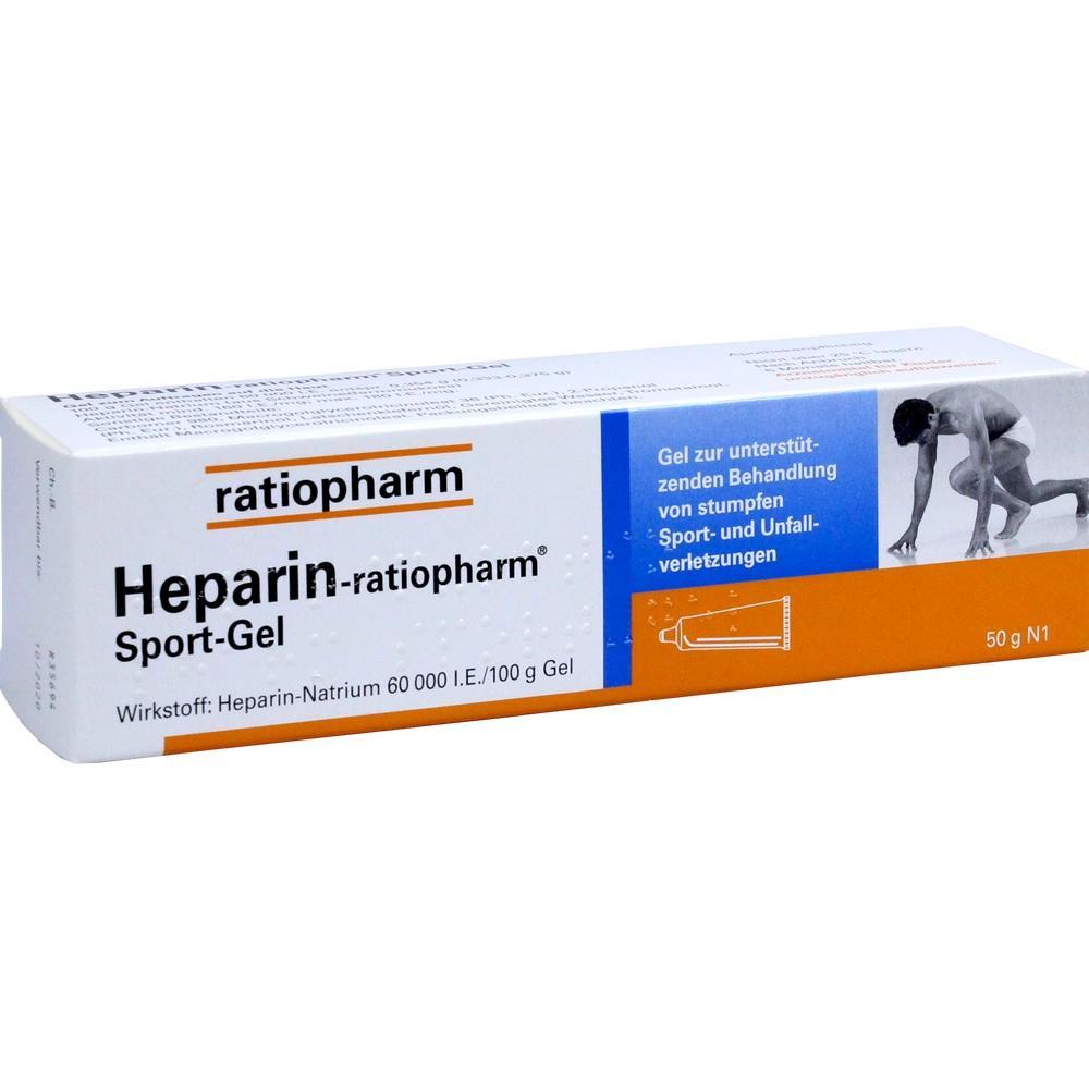 Eine Packung Heparin-ratiopharm Sport-Gel gegen Sportverletzungen.