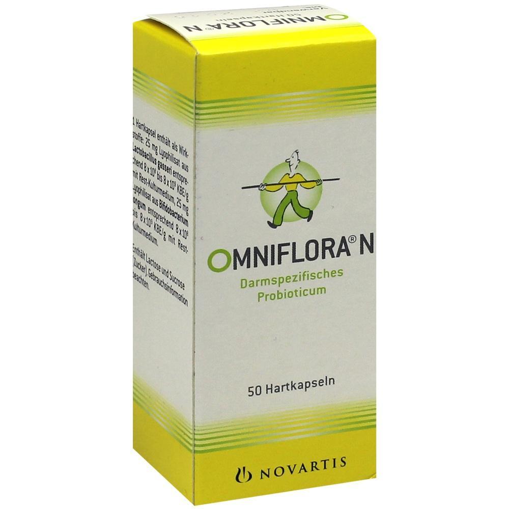 Ein gelbes und wei&szlig;es Paket Omniflora N Probiotikum mit 50 Kapseln.