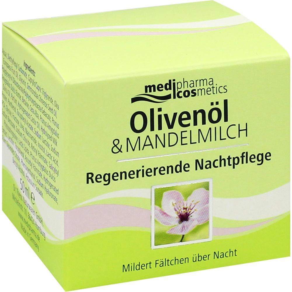 Gr&uuml;ne Verpackung von regenerierender Nachtpflege mit Oliven&ouml;l und Mandelmilch.