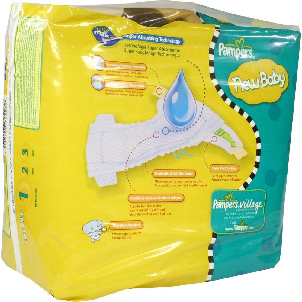 Eine gelbe Packung Pampers New Baby Windeln mit Informationen &uuml;ber deren Eigenschaften.