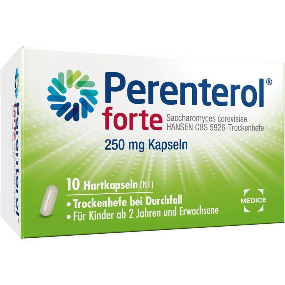 Verpackung von Perenterol forte Kapseln gegen Durchfall f&uuml;r Kinder und Erwachsene.
