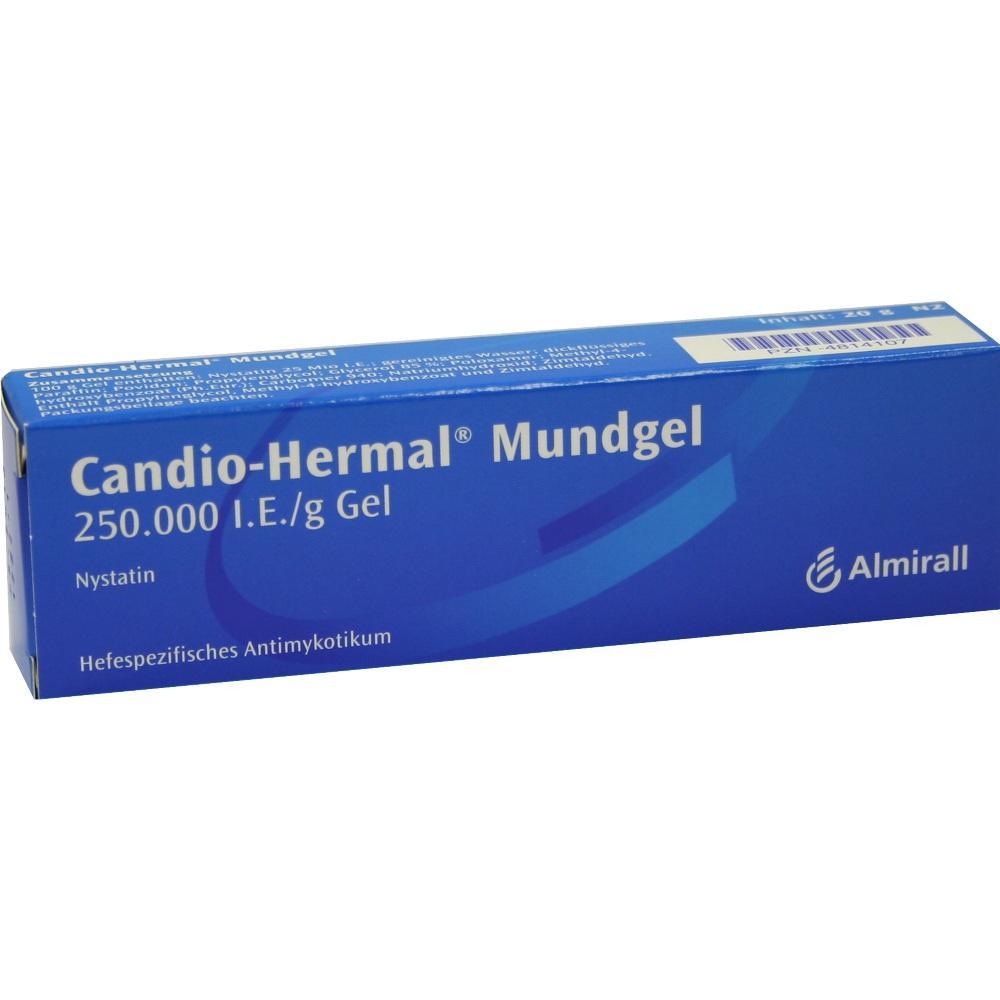 Eine blaue Verpackung mit der Aufschrift "Candio-Hermal Mundgel".