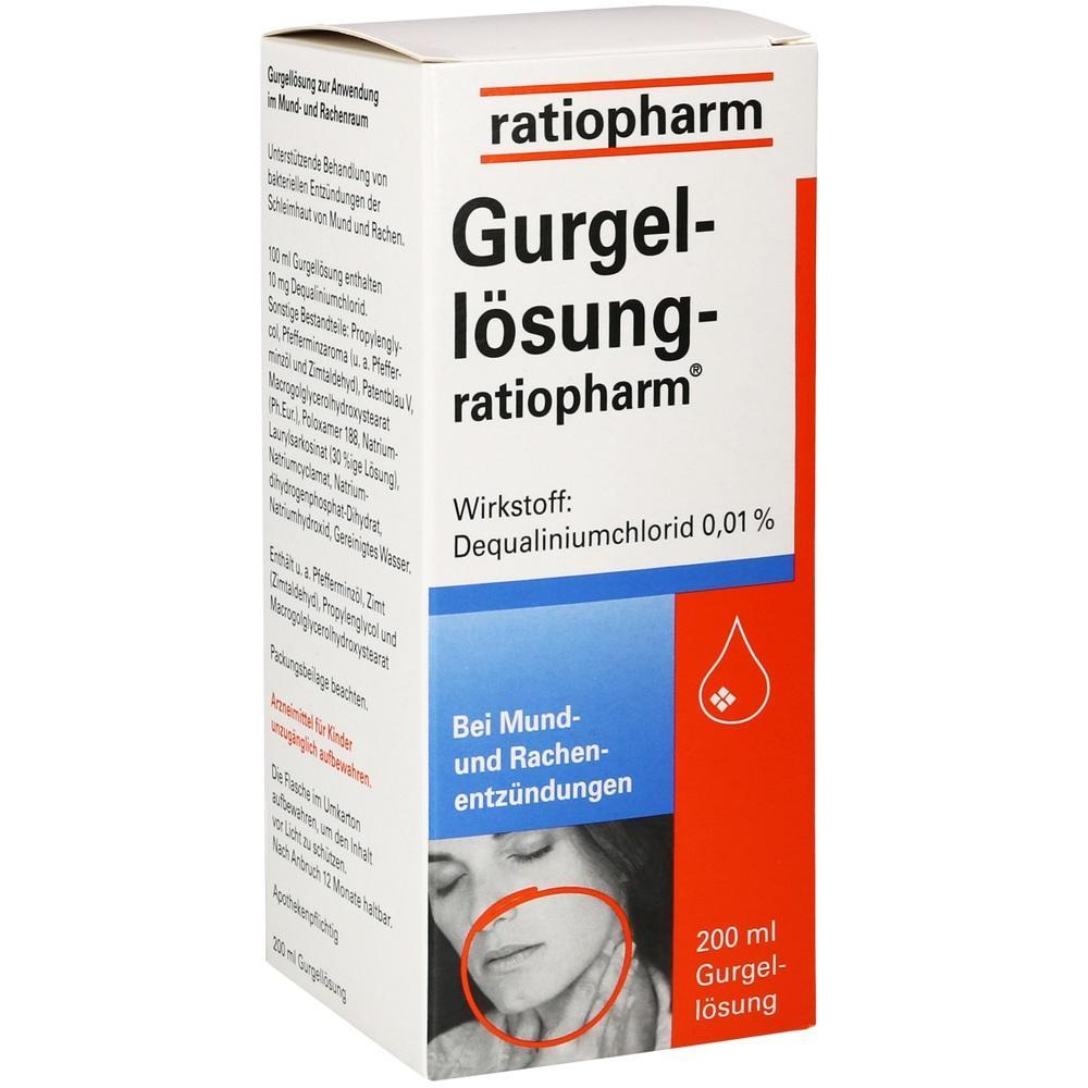 Verpackung einer Gurgell&ouml;sung gegen Mund- und Rachenentz&uuml;ndungen von Ratiopharm.
