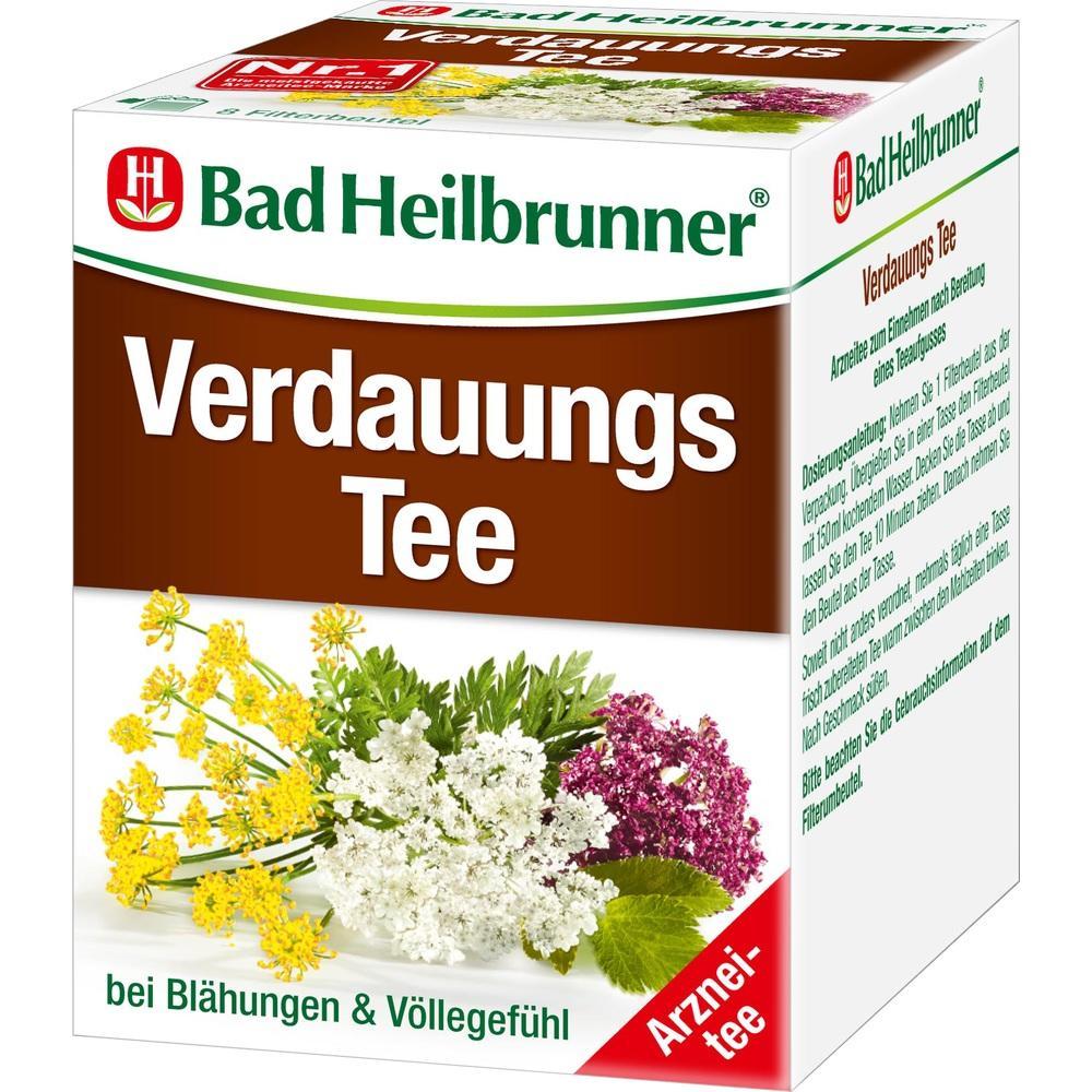 Packung Verdauungstee von Bad Heilbrunner mit bunten Bl&uuml;ten vorne.
