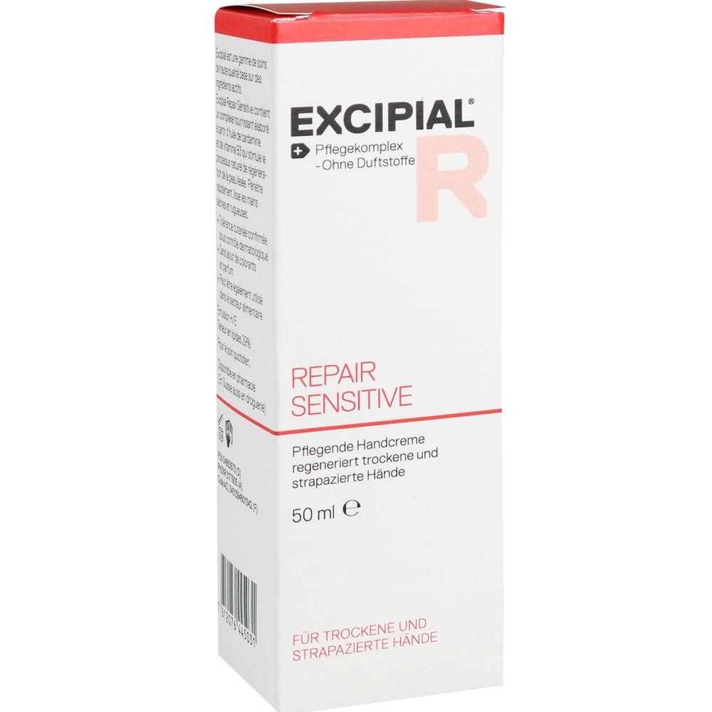 Wei&szlig;e Schachtel mit der Aufschrift &bdquo;Excipial Repair Sensitive&ldquo;, eine Handcreme f&uuml;r trockene H&auml;nde.