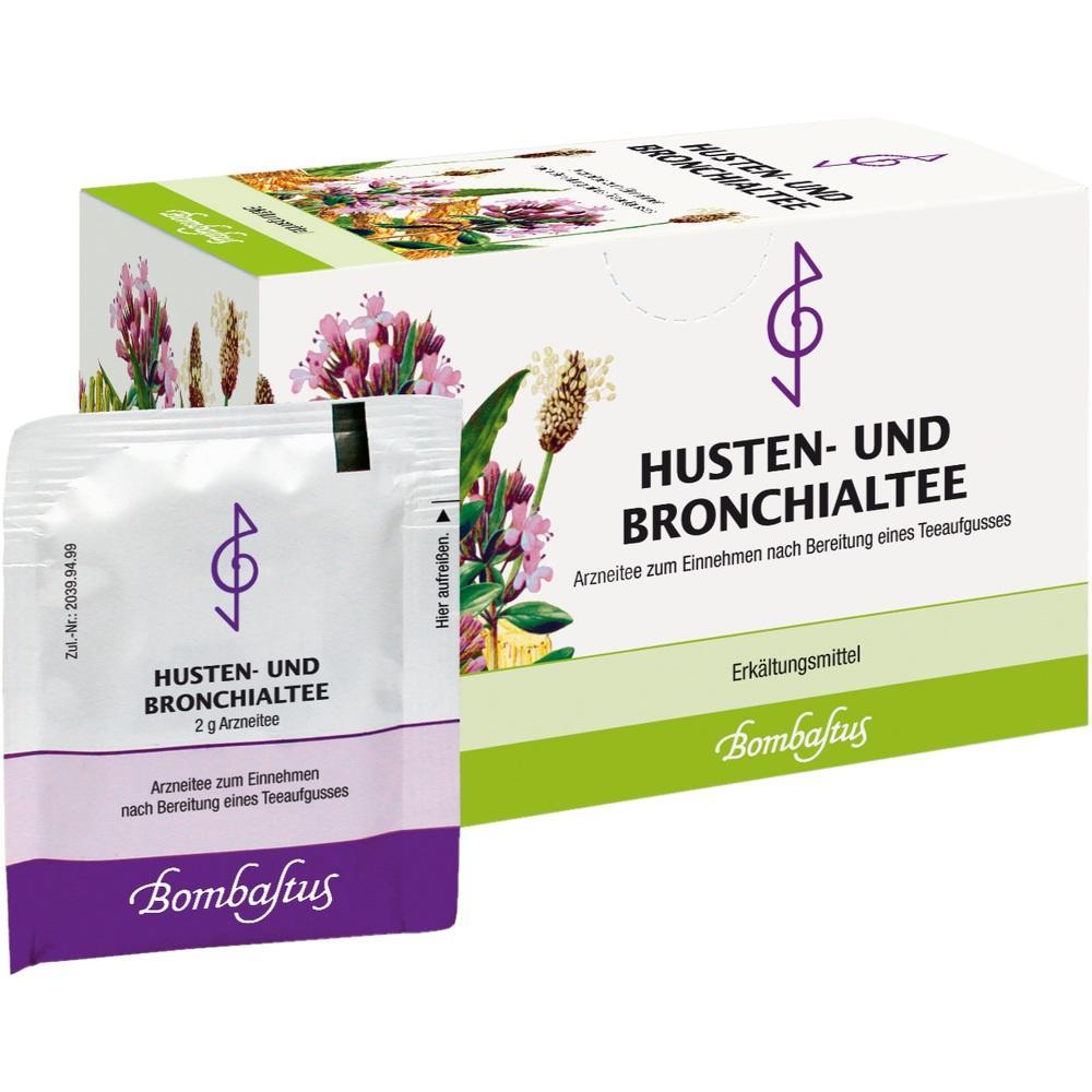 Eine Teepackung f&uuml;r Husten und Bronchien mit buntem Blumenmotiv.