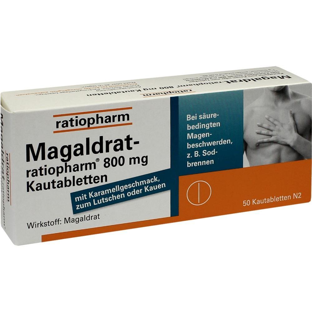 Schachtel mit Magaldrat-Kautabletten gegen Sodbrennen, 50 St&uuml;ck.