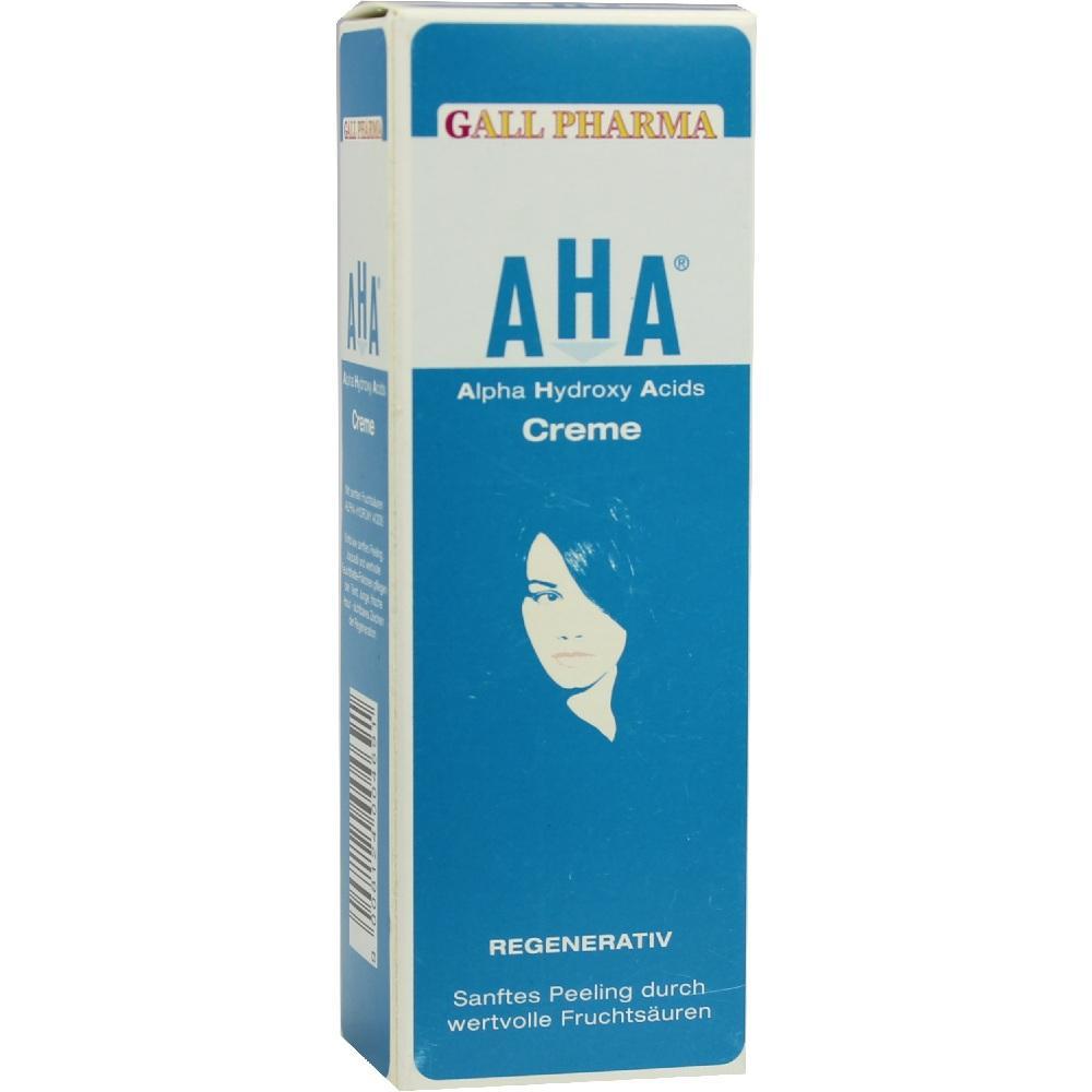 Blaue Verpackung von AHA-Creme mit Frauengesicht und Text "Regenerativ" auf der Vorderseite.