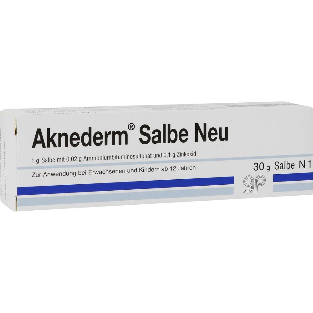 Wei&szlig;e Schachtel mit der Aufschrift &bdquo;Aknederm Salbe Neu&ldquo; f&uuml;r Hautpflege.