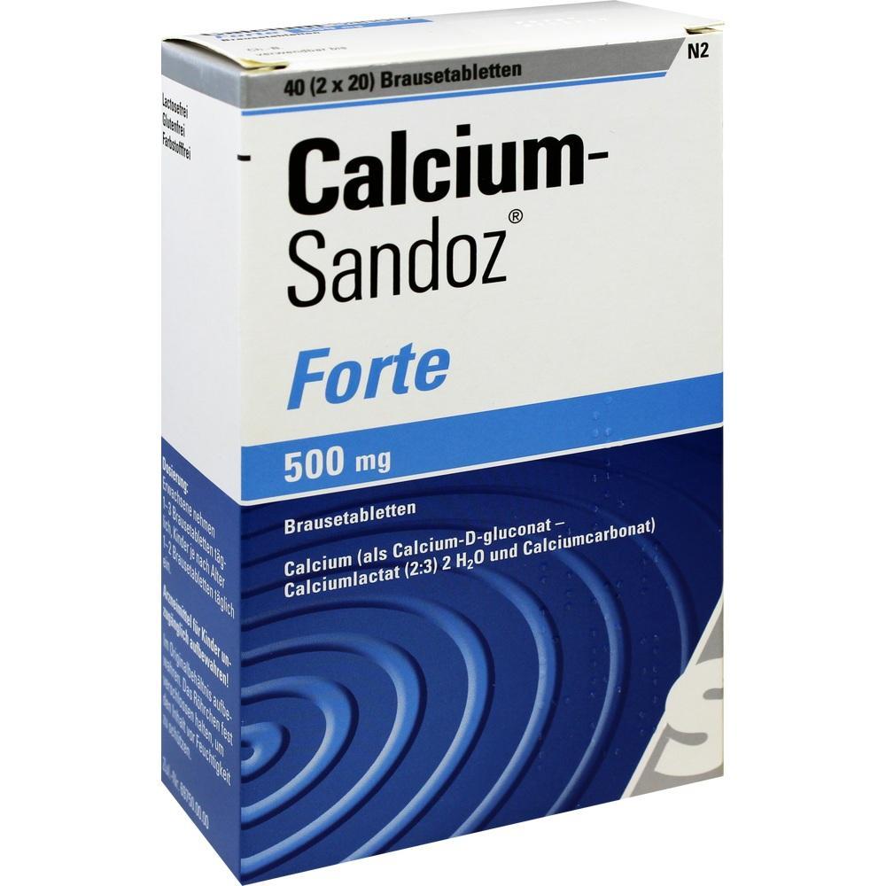 Wei&szlig;e Packung mit blauen Details und der Aufschrift "Calcium-Sandoz Forte 500 mg".