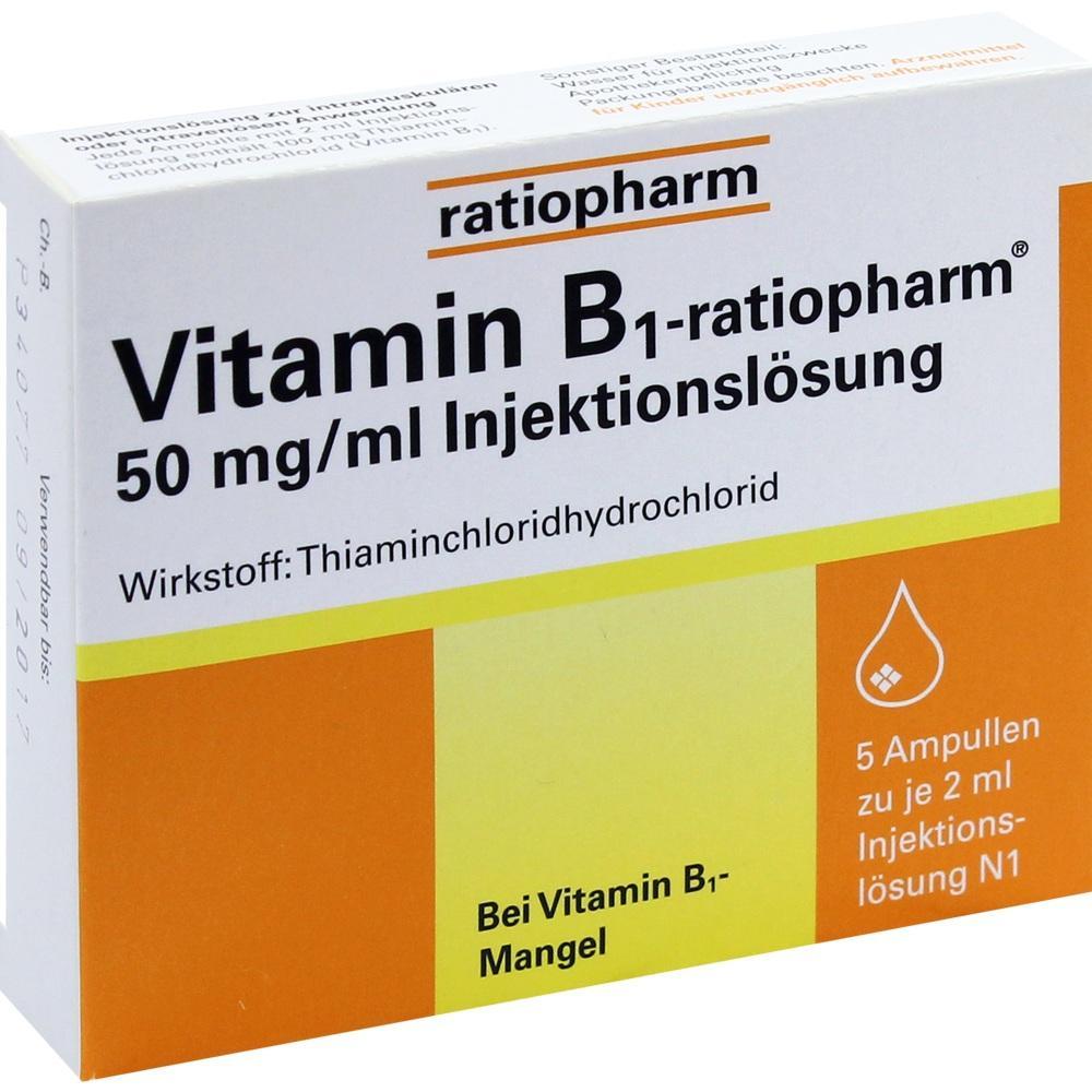 Eine Packung Vitamin B1 Injektionsl&ouml;sung der Marke Ratiopharm.