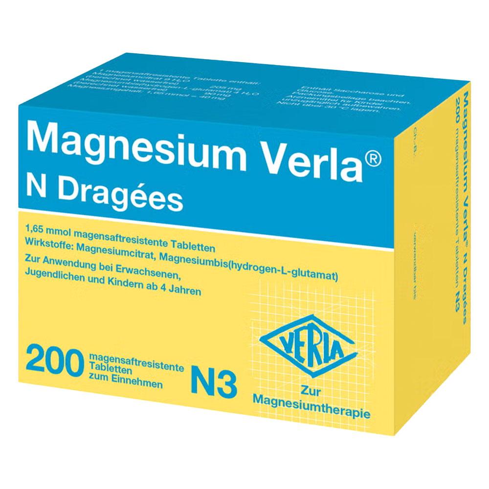 Gelbe Magnesiumverpackung mit blauer Aufschrift f&uuml;r magensaftresistente Tabletten.