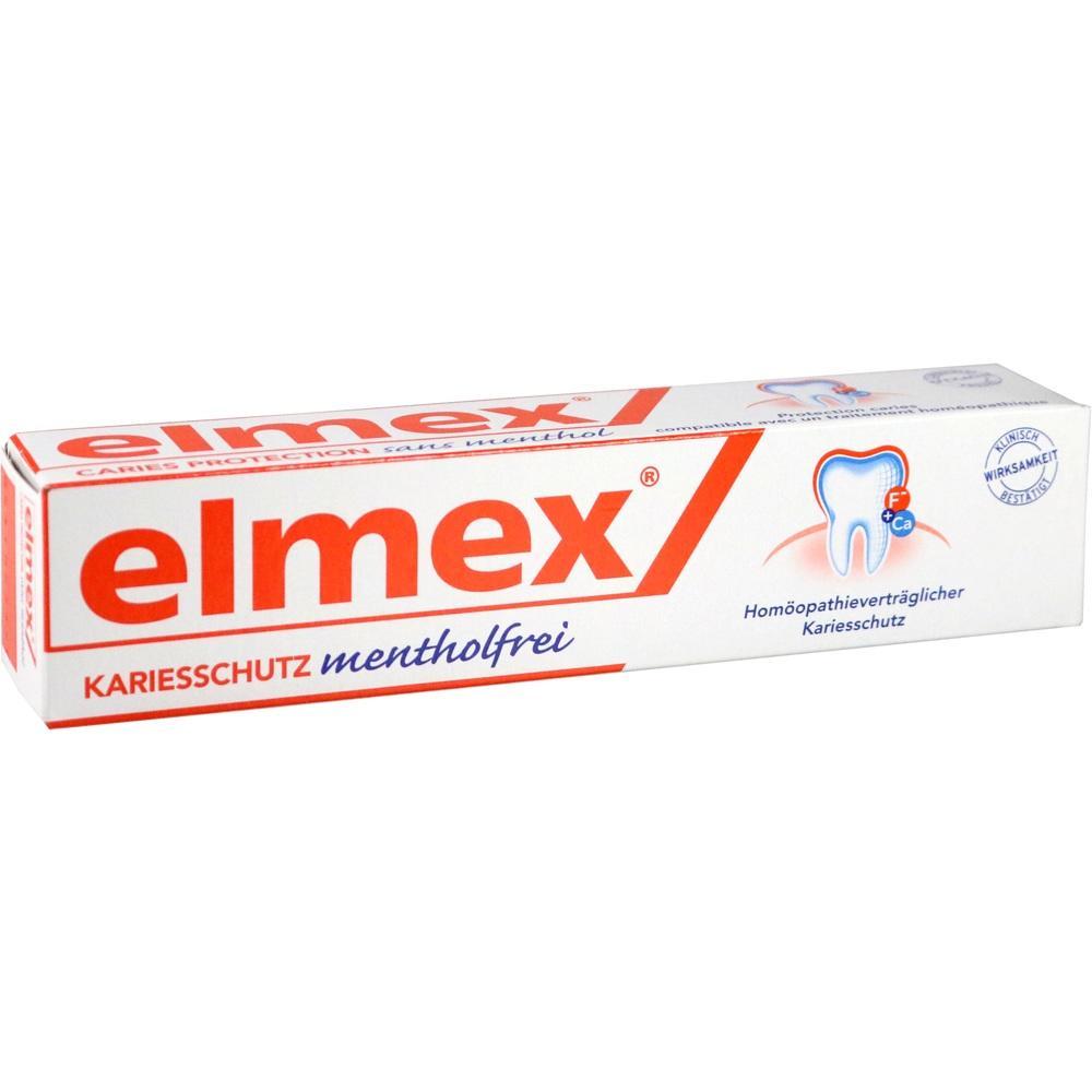 Eine Packung Elmex-Zahnpasta f&uuml;r Karies-Schutz ohne Menthol.