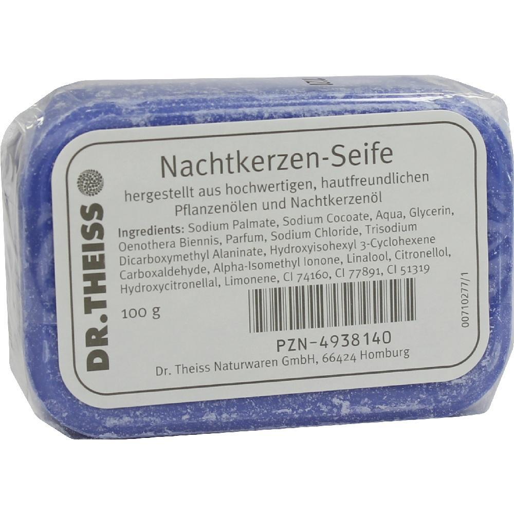 Blaue Seife mit Nachtkerzen&ouml;l in einer durchsichtigen Verpackung.