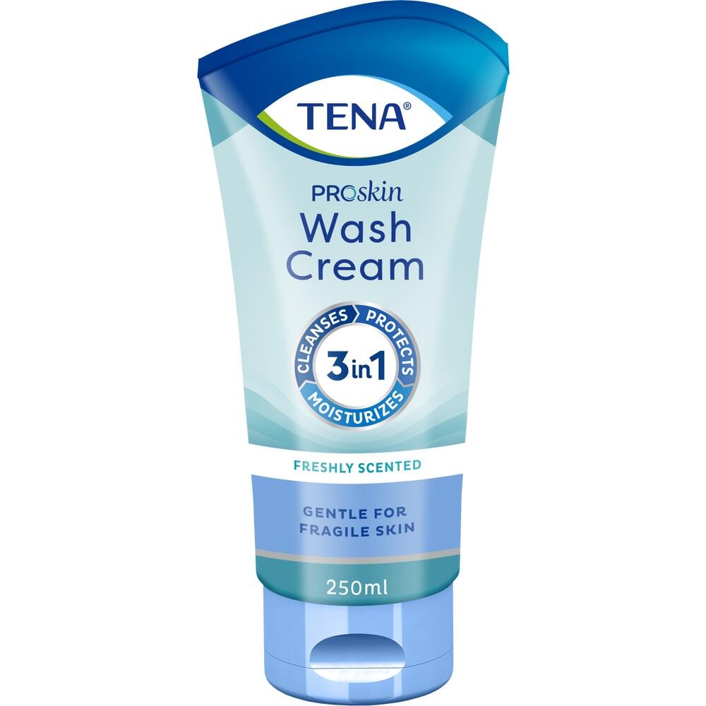 Eine blaue Tube von TENA Proskin Waschcreme mit 250 ml Inhalt.