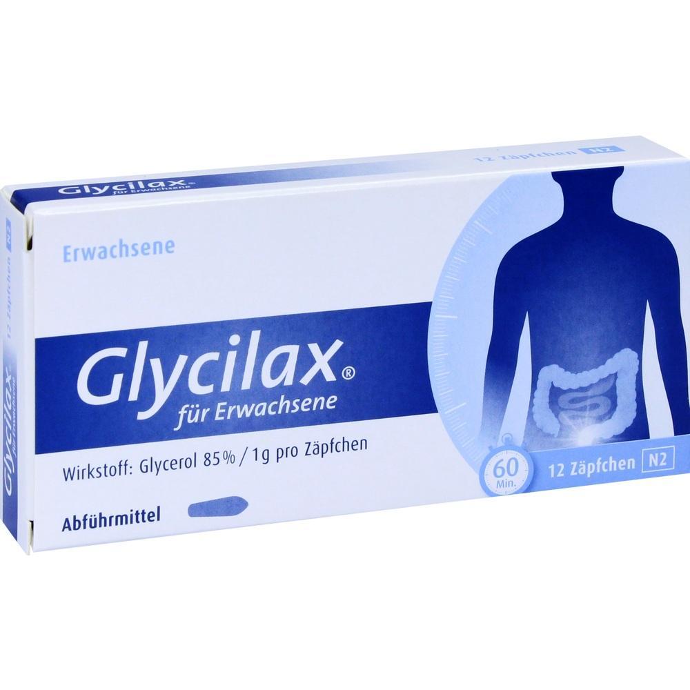 Packung Glycilax-Z&auml;pfchen f&uuml;r Erwachsene zur F&ouml;rderung der Verdauung.
