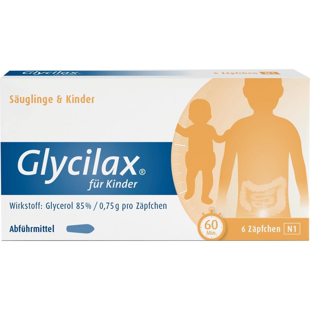 Eine Packung Glycilax-Z&auml;pfchen f&uuml;r Kinder mit Abbildung eines Kindes und Erwachsenen.