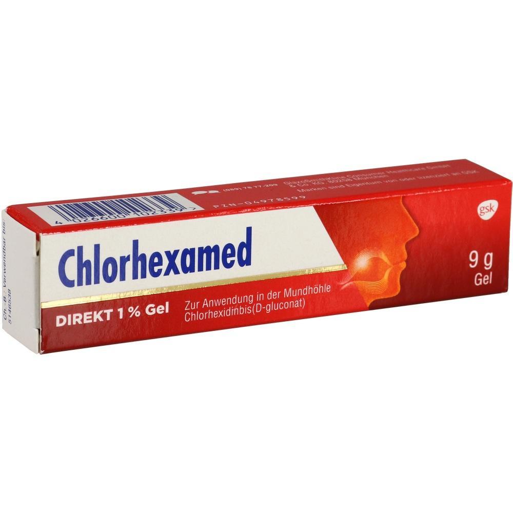 Rote Packung Chlorhexamed Gel zur Anwendung im Mund.