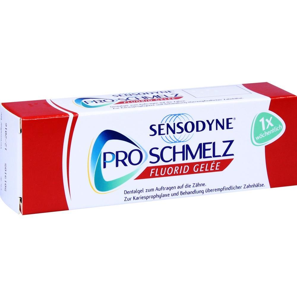 Eine rote und wei&szlig;e Verpackung von Sensodyne ProSchmelz Zahngel.