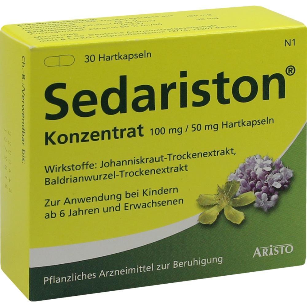 Gelbe Arzneimittelverpackung mit der Aufschrift "Sedariston" und Abbildung von Kr&auml;utern.