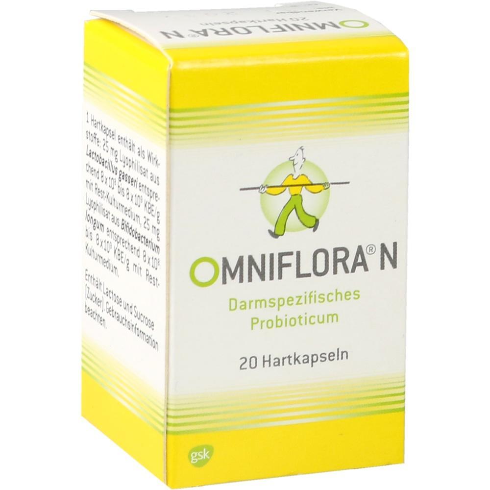 Gelbe und wei&szlig;e Verpackung von Omniflora N mit 20 Probiotika-Hartkapseln.