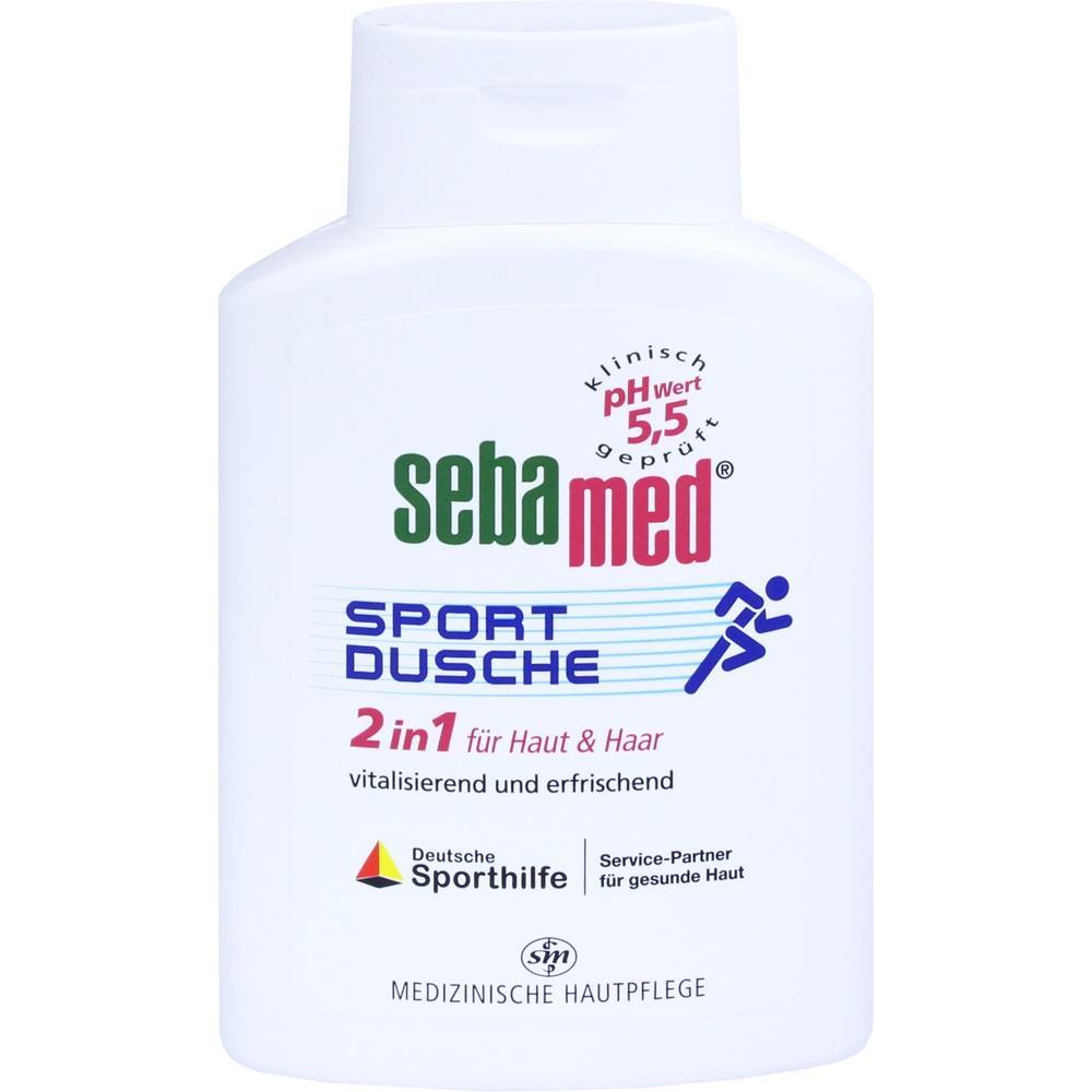 Wei&szlig;e Flasche Sebamed Sport Dusche mit blauem und rotem Text.