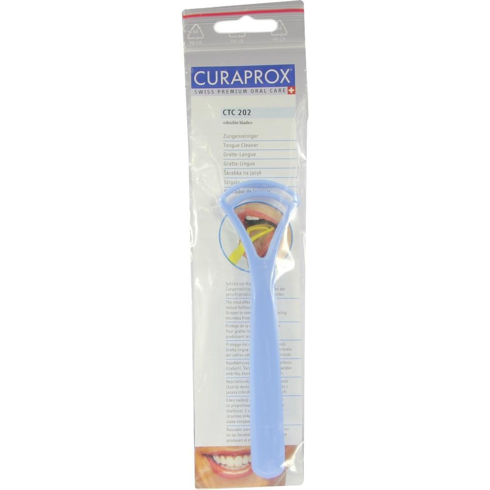 Eine Packung mit einem blauen Zungenreiniger aus Kunststoff von Curaprox.
