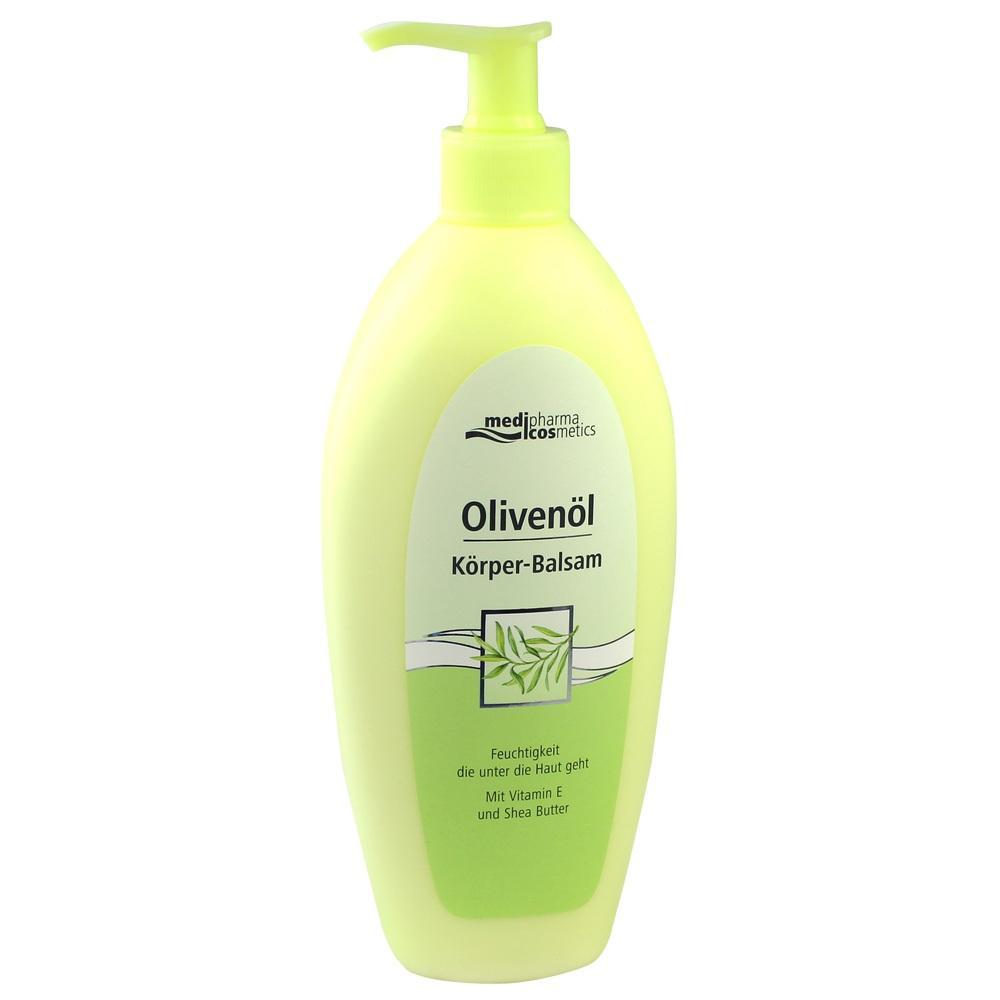 Gelbe Flasche mit Olivenöl-Körper-Balsam und Spender.