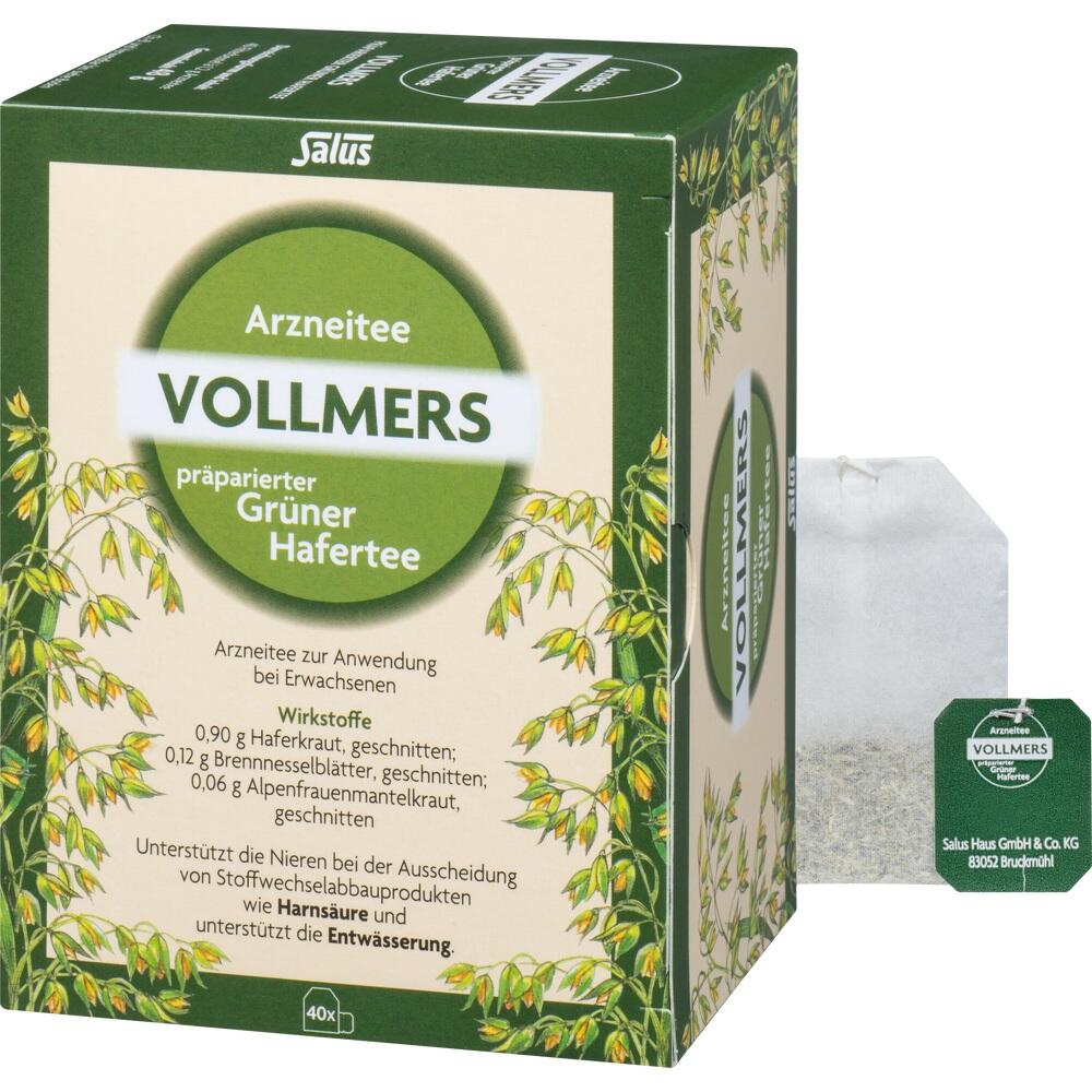 Grüner Hafertee von Vollmers in einer grünen Verpackung mit Teebeutel daneben.