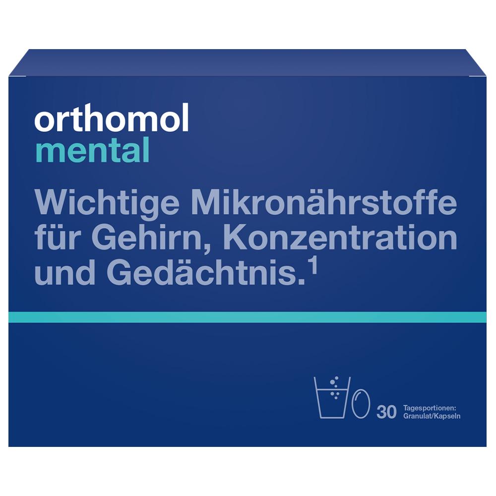 Blaue Verpackung von Nahrungserg&auml;nzungsmitteln mit Text &uuml;ber Mikron&auml;hrstoffe f&uuml;r Gehirn und Ged&auml;chtnis.