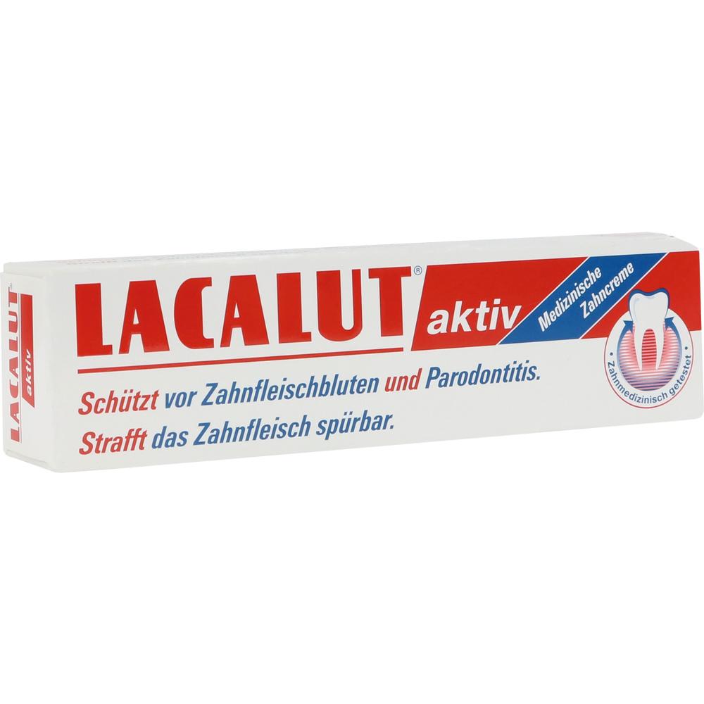 Zahnpasta-Packung von Lacalut aktiv, schützt vor Zahnfleischbluten und Parodontitis.