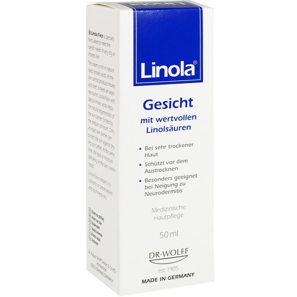 Wei&szlig;e Schachtel von Linola-Gesichtscreme f&uuml;r trockene Haut, 50 ml.