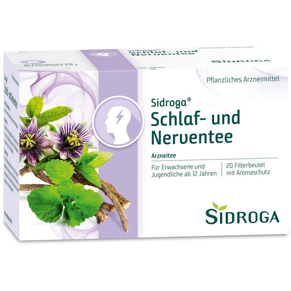 Eine Packung Sidroga Schlaf- und Nerventee mit Blumen- und Bl&auml;ttermotiv.