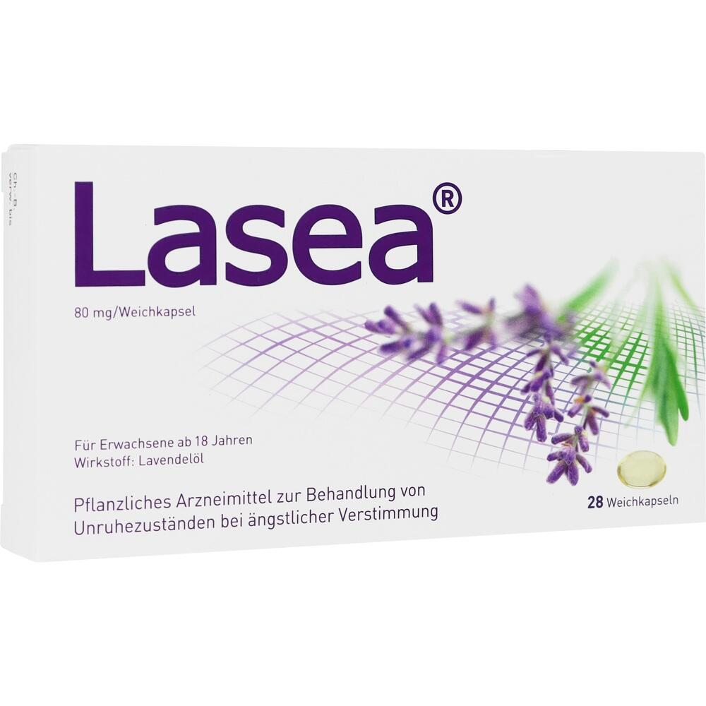 Eine Verpackung von Lasea-Kapseln mit einem Lavendelbild darauf.