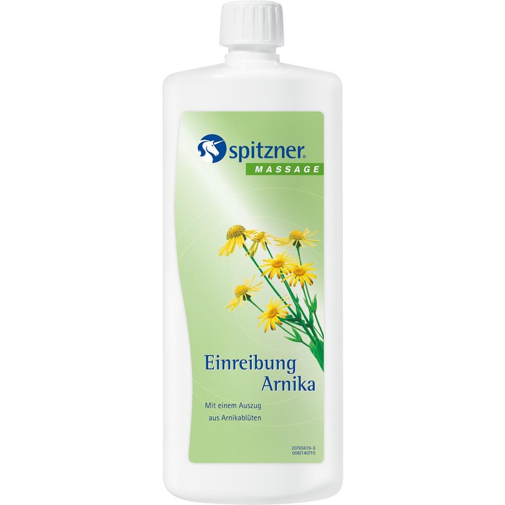 Eine wei&szlig;e Flasche mit Arnika-Massage&ouml;l und gelben Blumen auf dem Etikett.