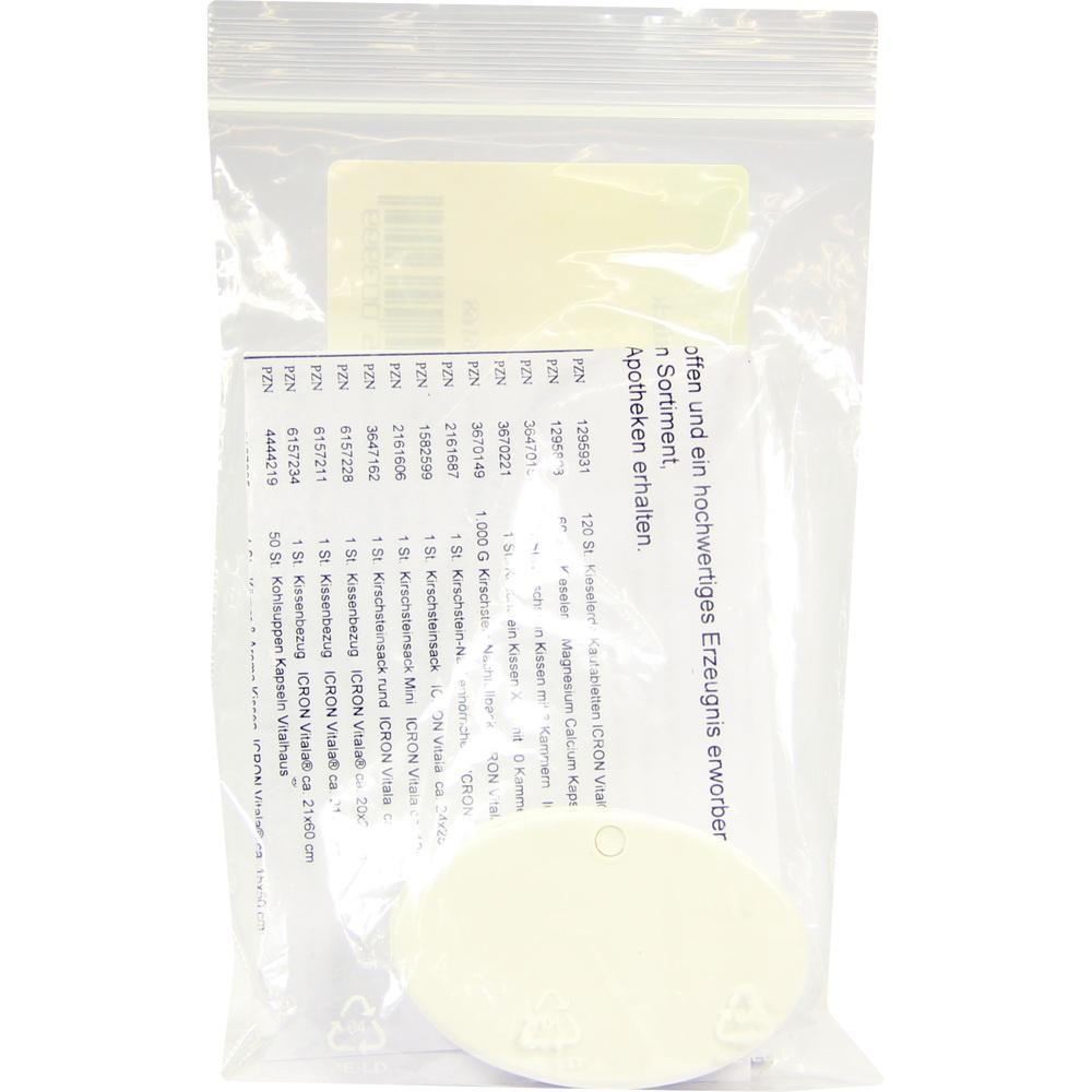 Eine durchsichtige Plastiktüte mit einem Etikett und einer kleinen weißen Scheibe darin.