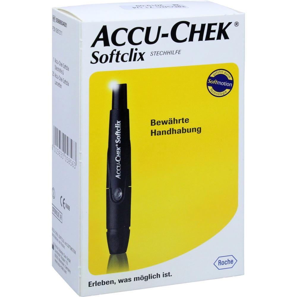 Gelbe Verpackung einer Accu-Chek Softclix Stechhilfe zur Blutzuckermessung.
