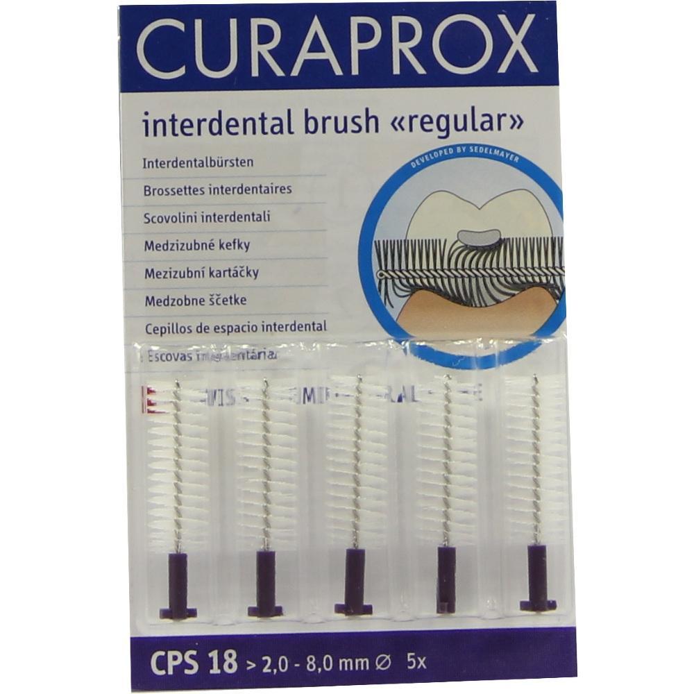 Fünf Interdentalbürsten in einer blauen Verpackung von Curaprox.