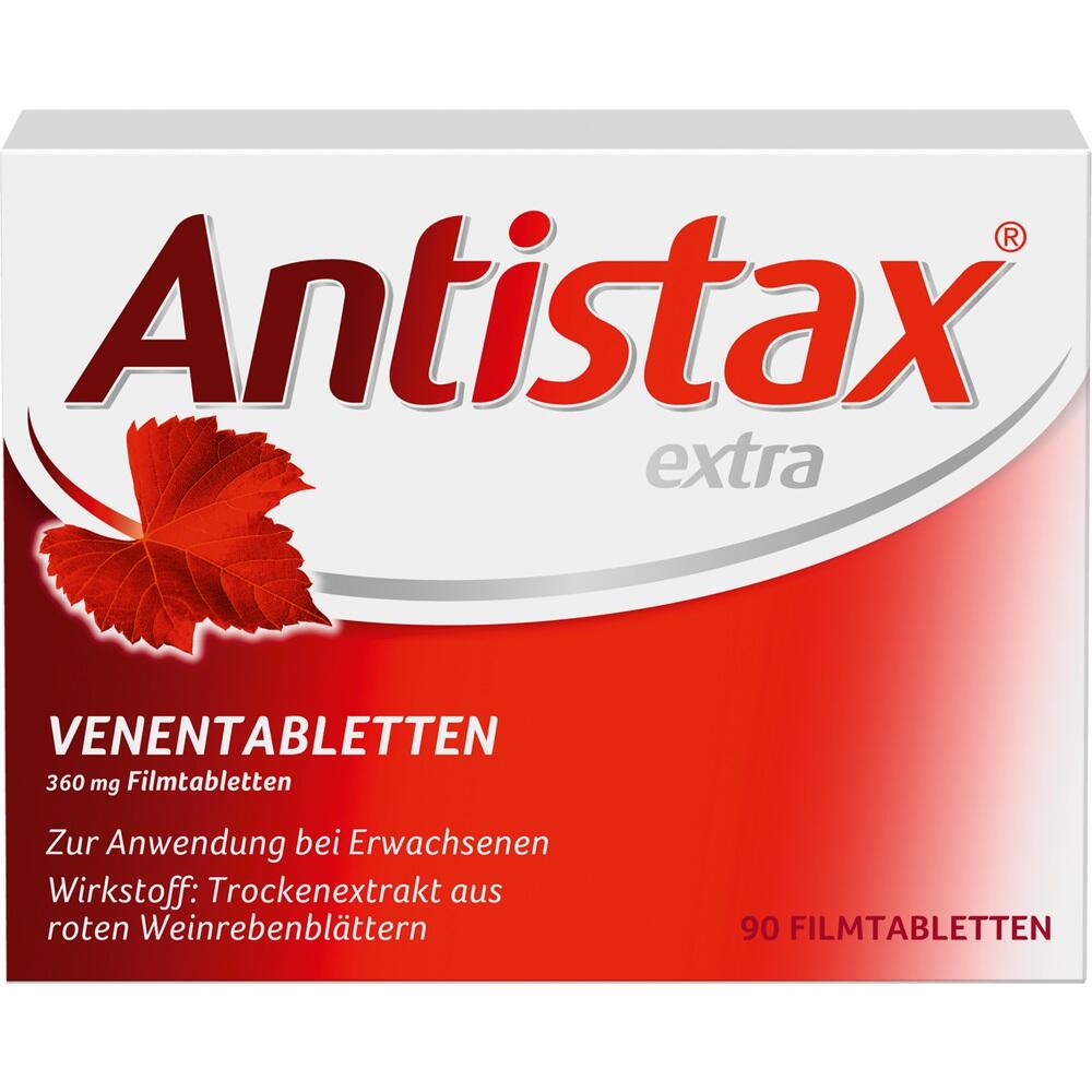 Rote Packung mit Antistax Venentabletten aus Weinbl&auml;ttern f&uuml;r Erwachsene.