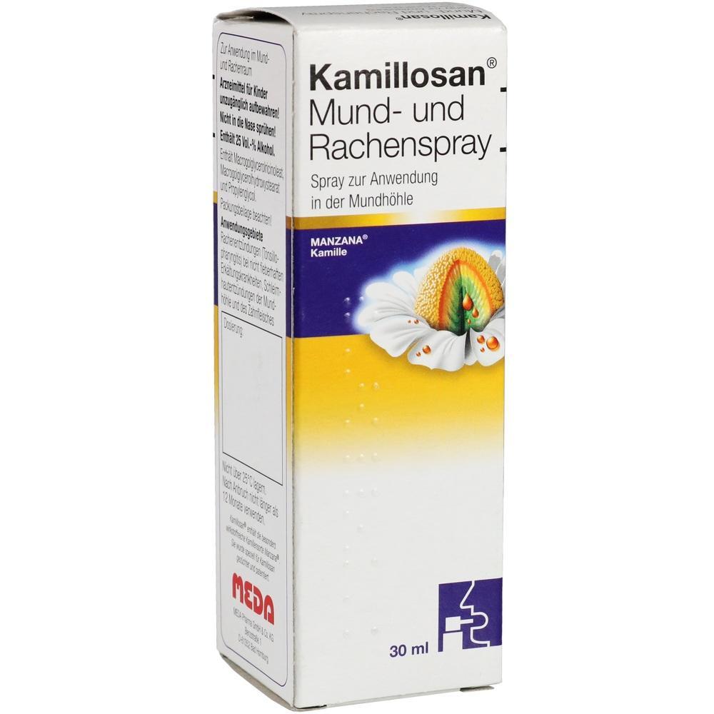 Verpackung von Kamillosan Mund- und Rachenspray mit Kamille.