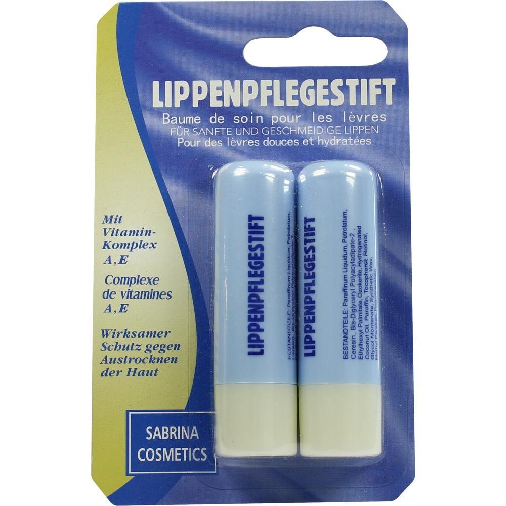 Zwei Lippenpflegestifte in blauer Verpackung mit Vitaminen.