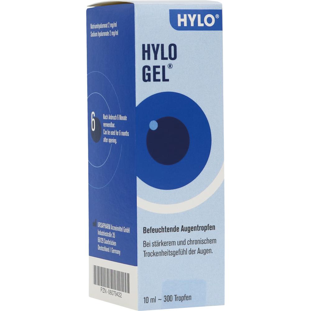 Eine blaue Verpackung von Hylo Gel Augentropfen f&uuml;r trockene Augen.