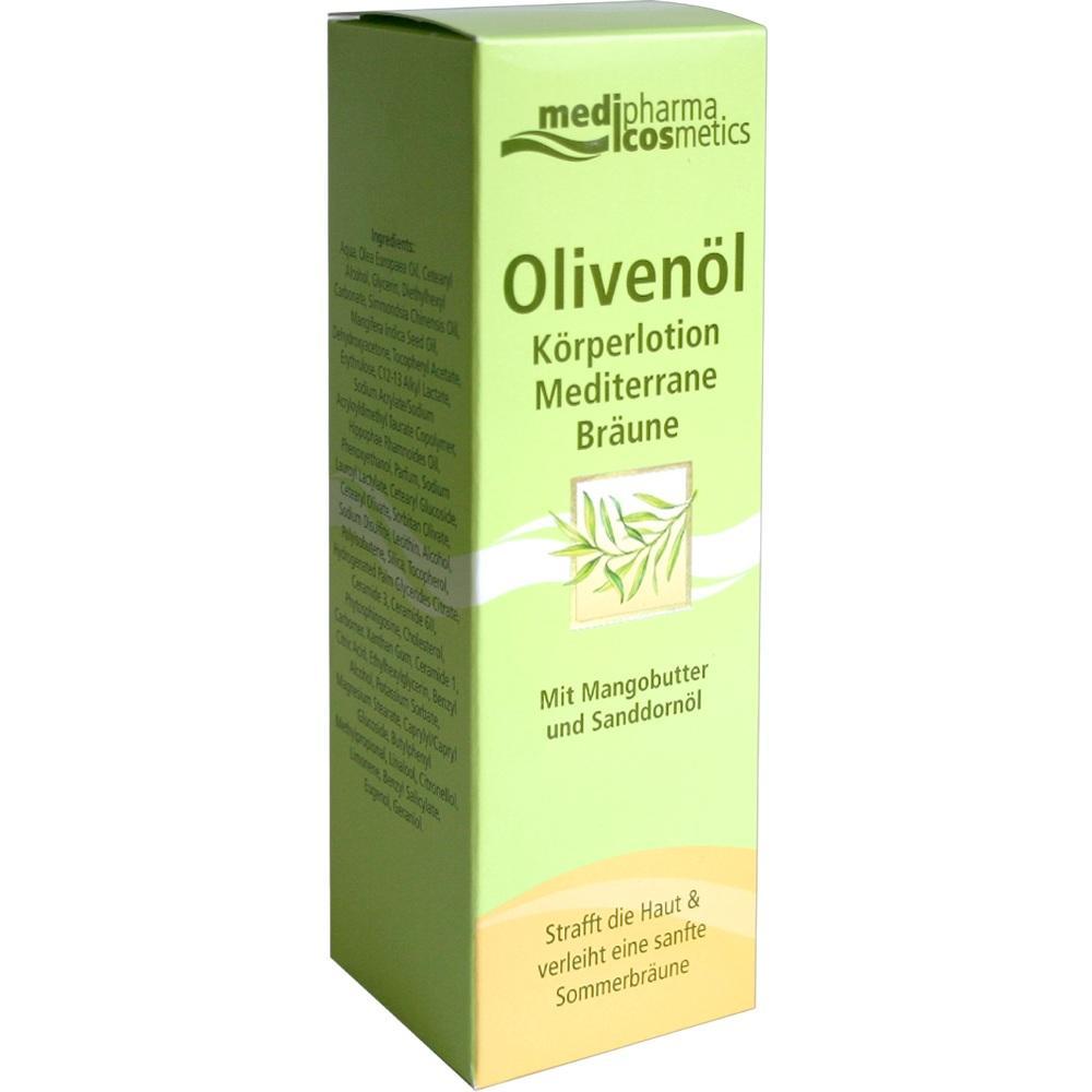 Gr&uuml;ne Verpackung einer Oliven&ouml;l-K&ouml;rperlotion f&uuml;r mediterrane Br&auml;une.