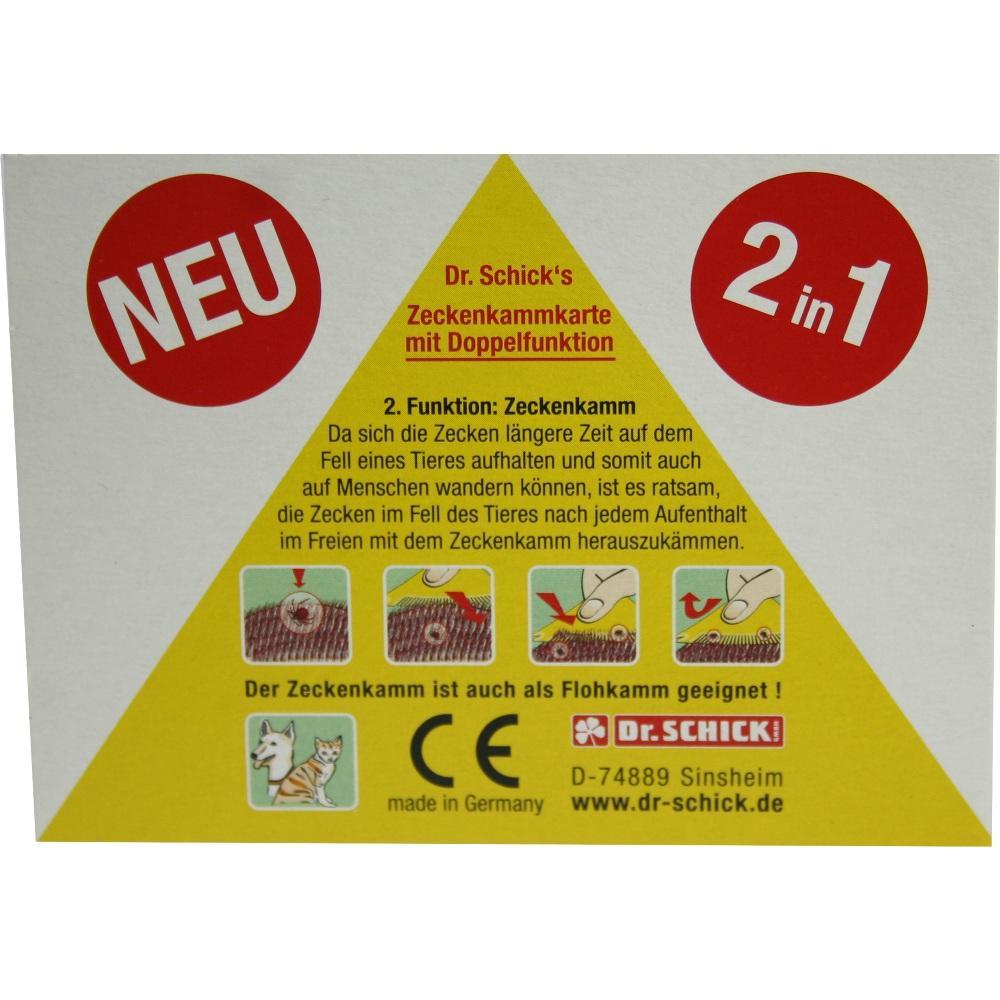 Gelbe Verpackung einer Zeckenkammkarte mit Funktionen und Anwendungshinweisen.