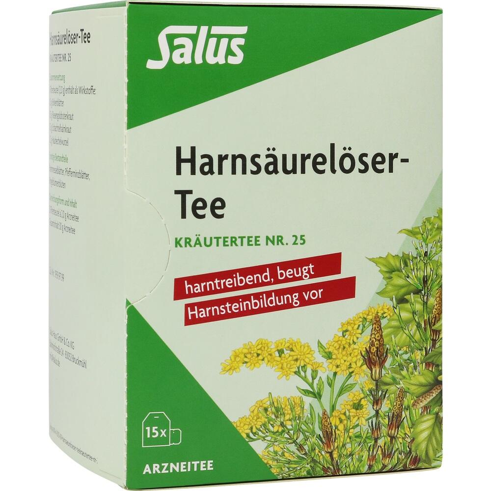 Packung mit Harnsäurelöser-Tee zur Vorbeugung von Harnsteinen, mit Pflanzenabbildung.