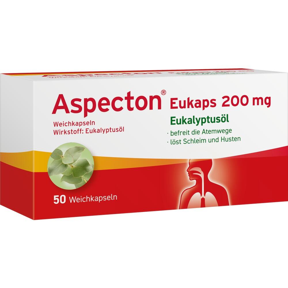 Auf der Verpackung steht: "Aspecton Eukaps 200 mg, 50 Weichkapseln mit Eukalyptus&ouml;l".
